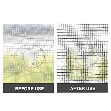 Before and after use comparison of a screen mesh product.
