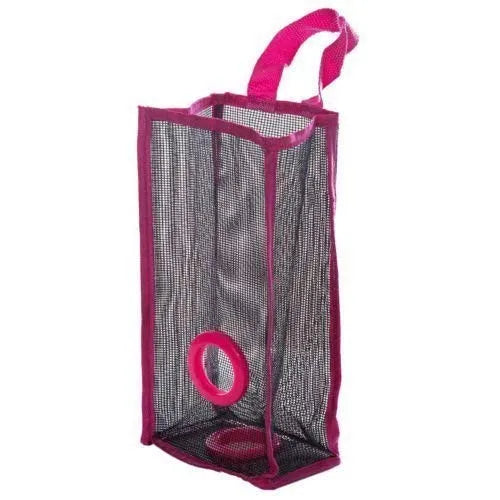 Net bag with pink handle and trim on a white background