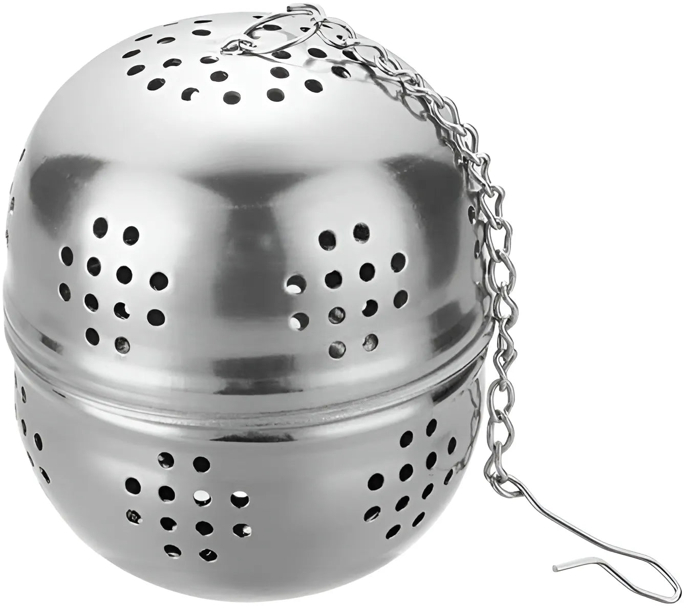 Stainless steel tea ball with chain on a white background