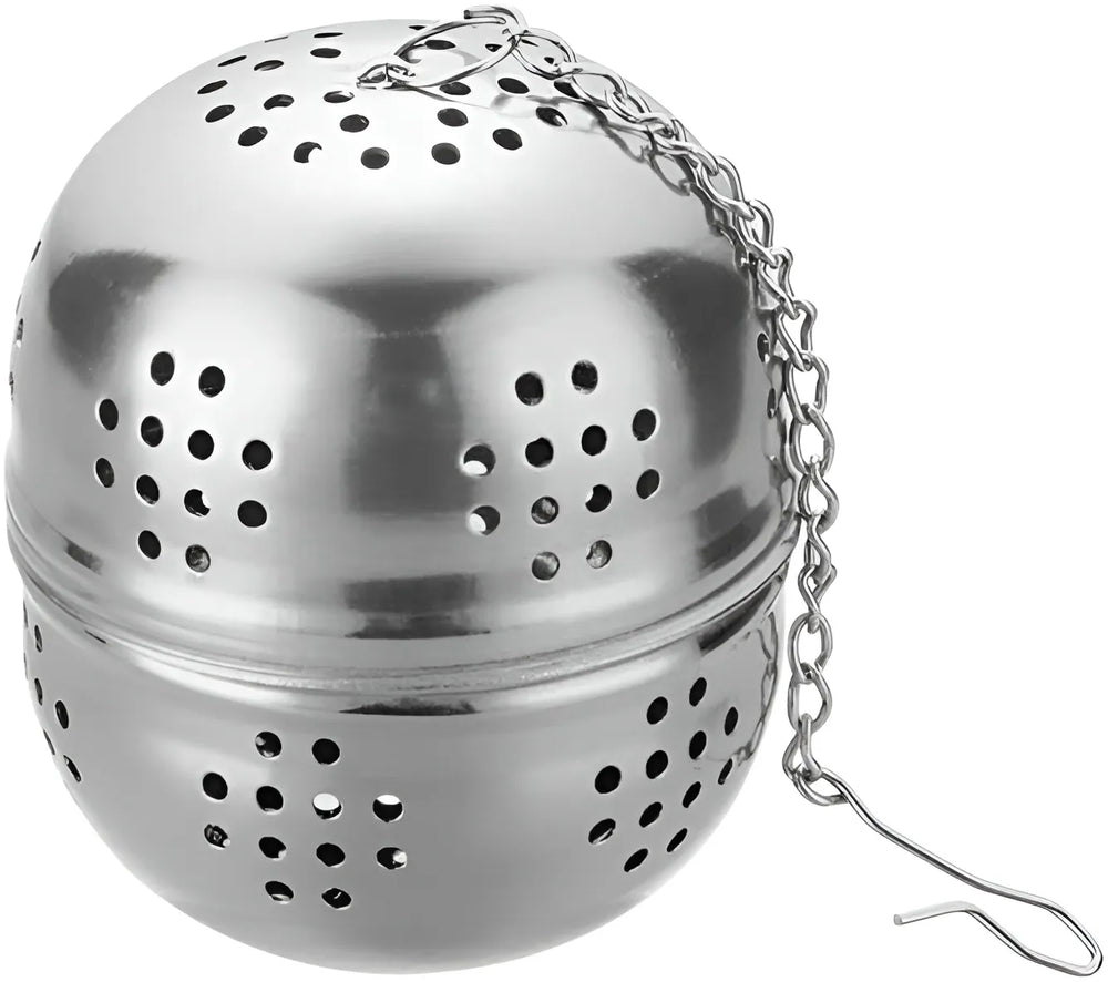 Stainless steel tea ball with chain on a white background