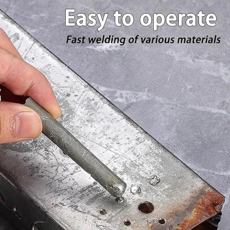 A close-up of a hand holding a metal rod against a metal surface, with overlaid text reading 'Easy to operate' and 'Fast welding of various materials.' This is not a clean product-only shot and not a measurement chart, color swatch, or instruction diagram; it functions as a promotional/demo image, so subject_type is best classified as Lifestyle because a real hand/body part is present.