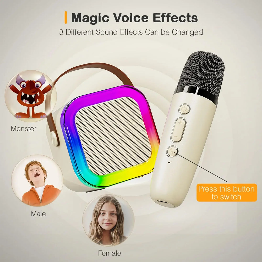 Microphone with colorful speaker and sound effect icons on a light gray background