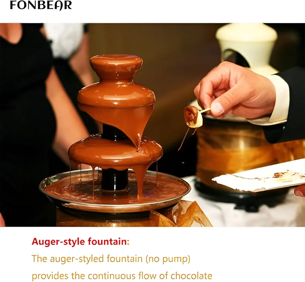 Mini chocolate fondue machine with a smooth cascading flow for delicious dessert presentations.