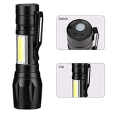 Black flashlight with switch and clip features on a white background