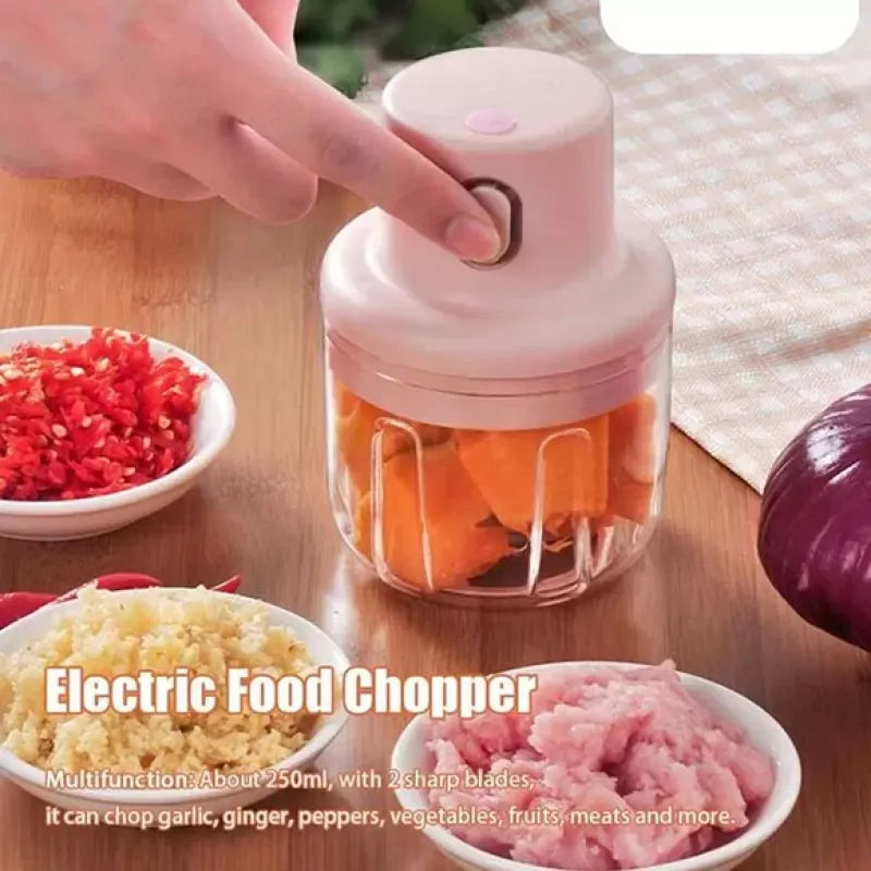 Mini rechargeable vegetable chopper with a 250ml capacity for quick and efficient meal prep.