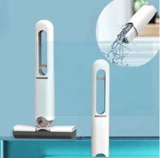 White cleaning tool with water flowing from a faucet on a blue background