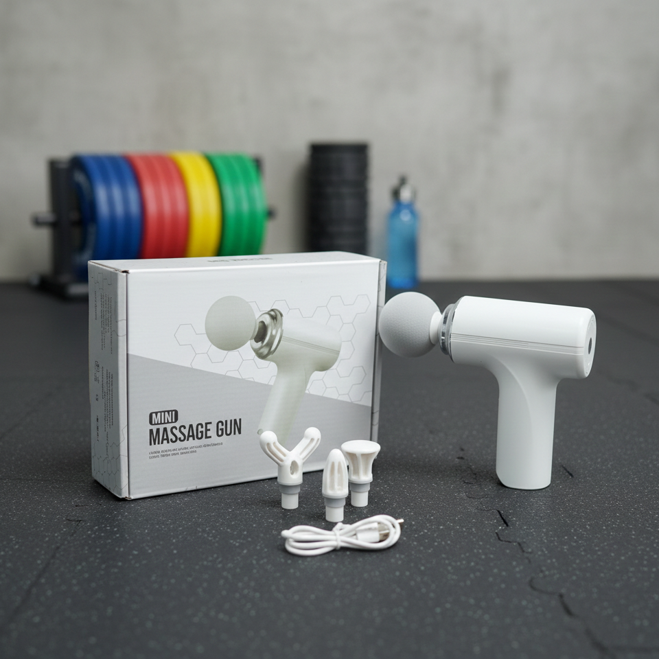 White mini massage gun with accessories