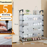 Modern shoe storage shelf with multiple tiers for organizing sneakers, sandals, and everyday footwear.