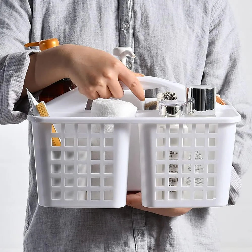 Multi-compartment plastic bathroom shower caddy for organizing toiletries and bath essentials.