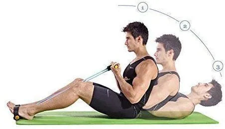Two men performing an exercise with resistance bands on a white background