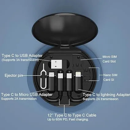 Multi-functional 60W charging cable with versatile connectors for compatible smartphones and gadgets.