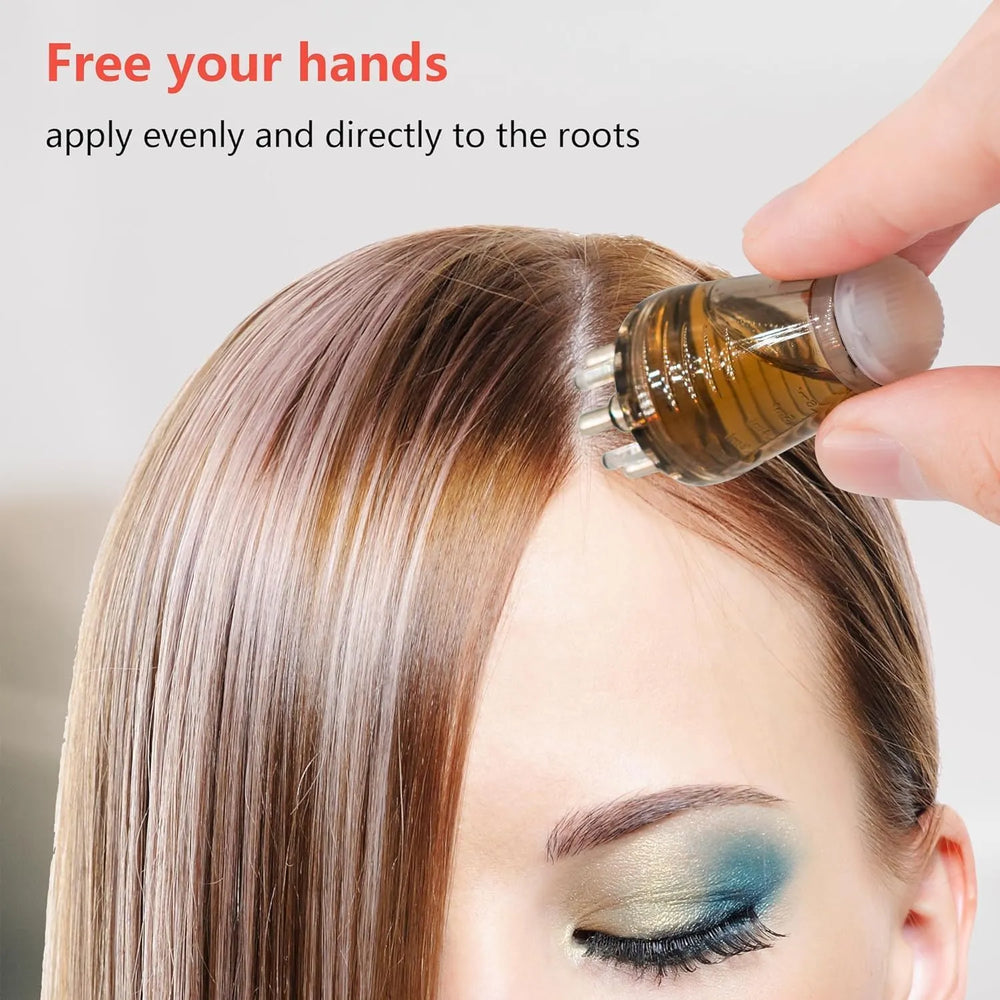 Person applying a hair product to their hair with text on a neutral background