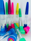 Colorful water bottles with various colored caps on a white background