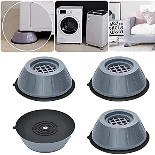 Set of four gray and black rubber feet with different designs on a white background.