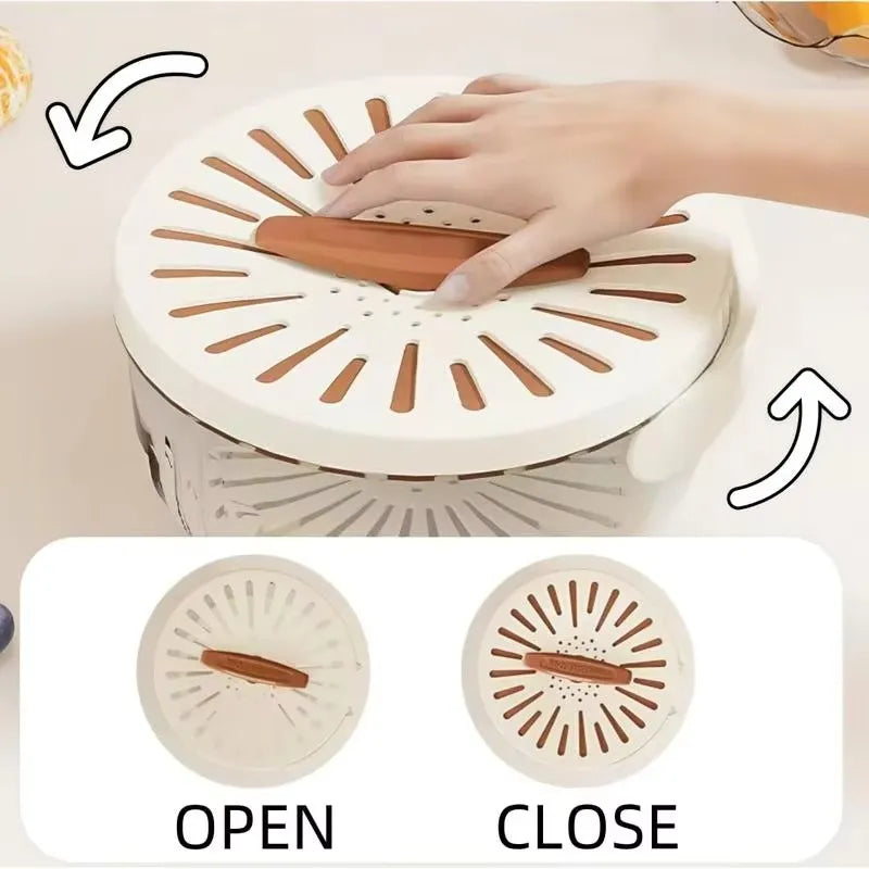 Hand using a round kitchen tool with wooden handle to open and close it, showing 'Open' and 'Close' positions.