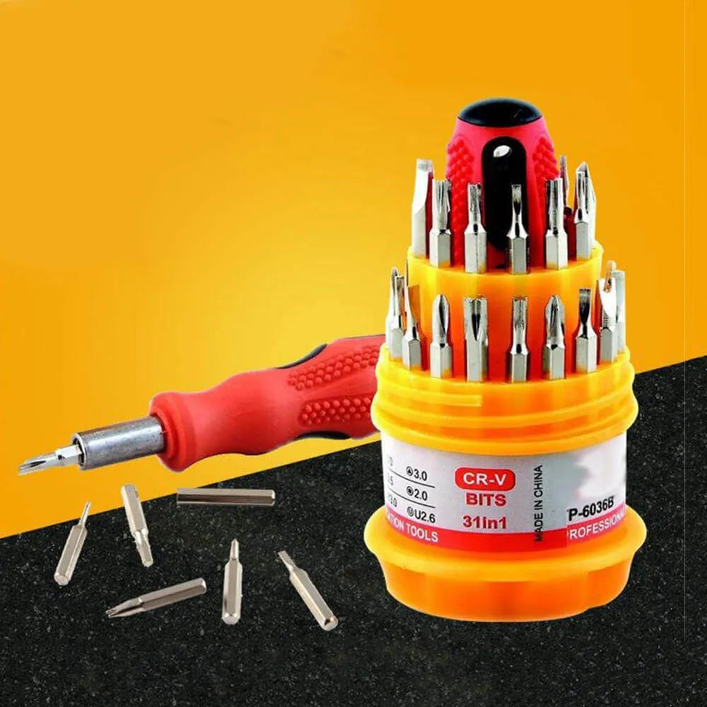 Multi-purpose magnetic screwdriver set with 31 pieces for electronics repair, DIY projects, and household maintenance.