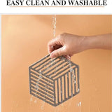 Hand holding a small rectangular object under running water with text 'EASY CLEAN AND WASHABLE' above.