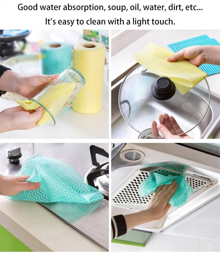 Cleaning products being used to clean various kitchen items with text about water absorption and ease of cleaning.