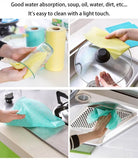 Cleaning products being used to clean various kitchen items with text about water absorption and ease of cleaning.