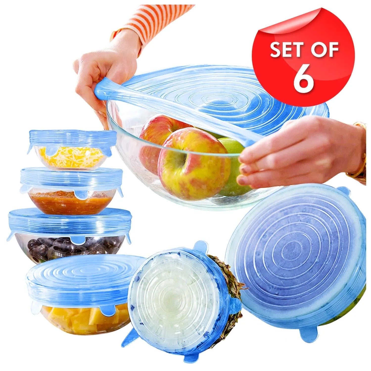 Set of 6 silicone food covers with a person holding a bowl of apples on a white background.
