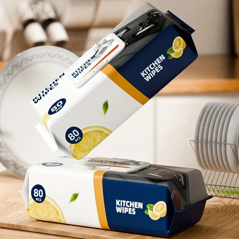 Multi-surface kitchen wipes with 80 sheets for cleaning counters, tables, stovetops, and appliances.