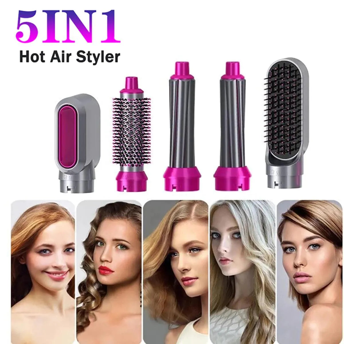 5-in-1 hot air styling tool with interchangeable attachments and before-and-after effects on hairstyles.