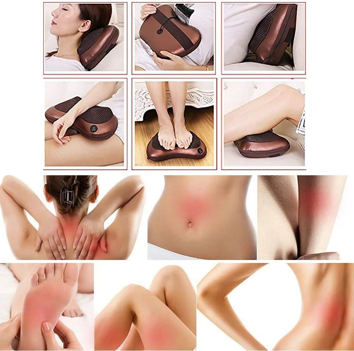 Collage of a person using a brown massage device on various parts of their body, showing before and after effects.