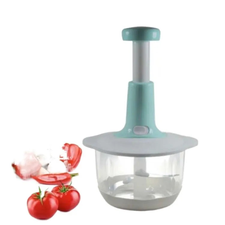 Turquoise kitchen chopper with tomatoes on a white background