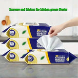 Three packs of kitchen wipes with a hand taking a wipe, set against a kitchen background.