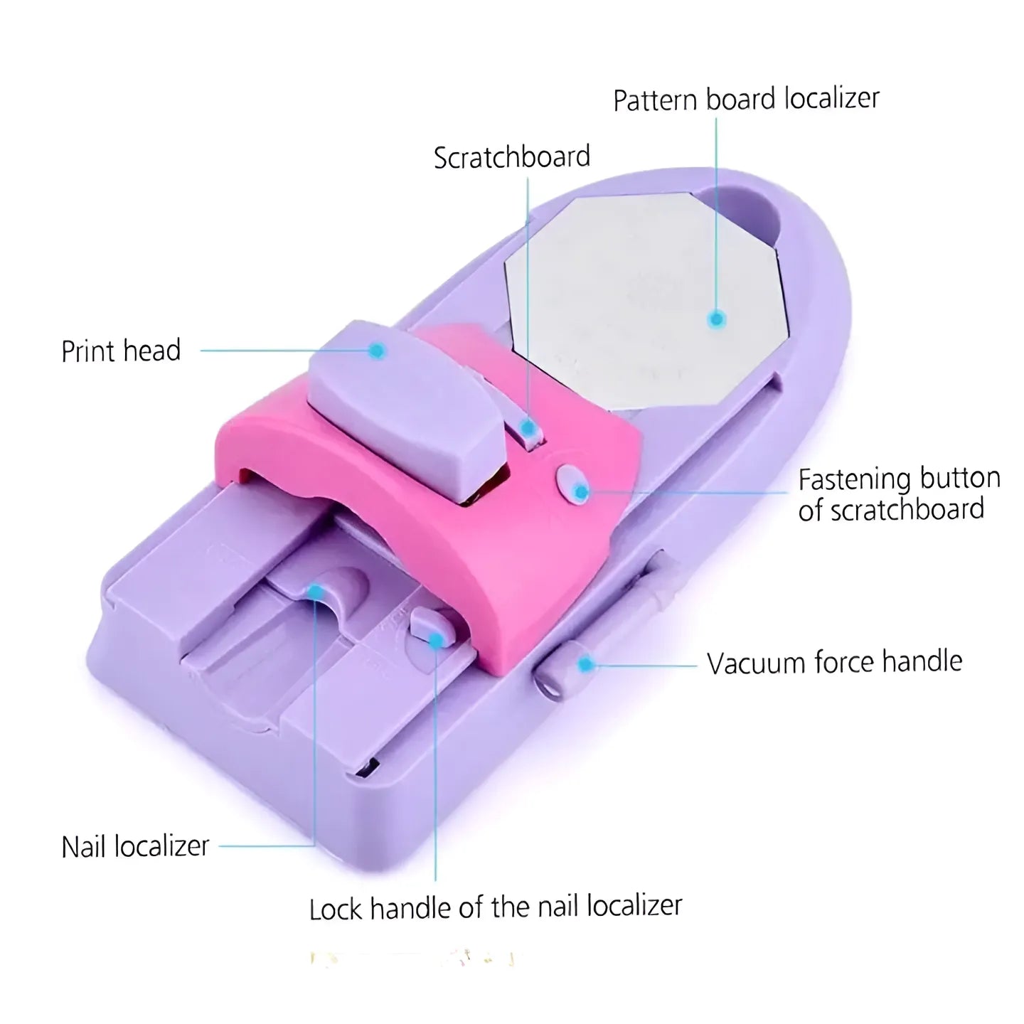 A nail stamping or scratchboard tool shown on a white background with multiple callout labels pointing to parts such as the print head, pattern board localizer, scratchboard, fastening button, vacuum force handle, nail localizer, and lock handle.