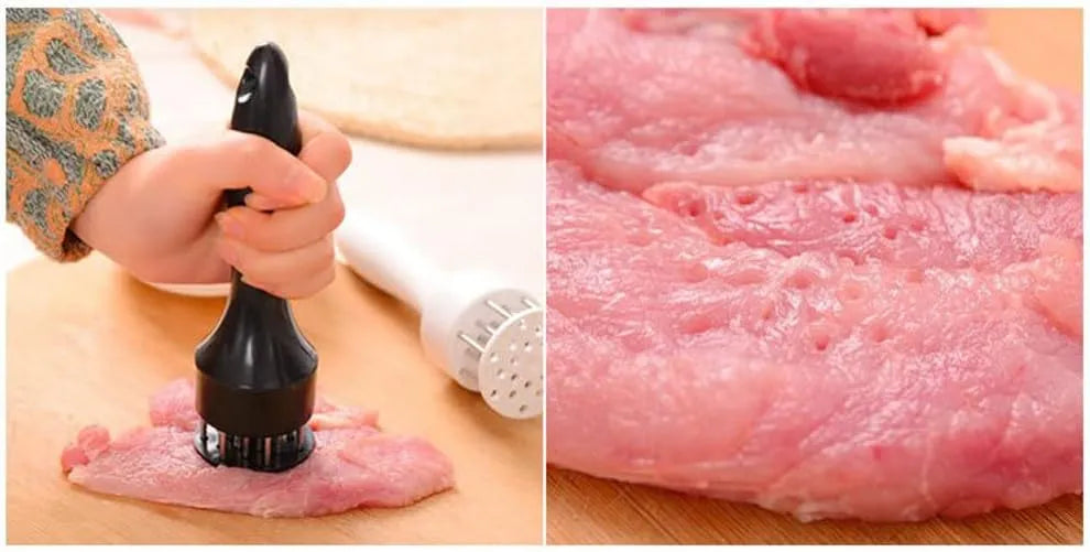 Collage of a person using a meat tenderizer on pork chops and close-up of tenderized pork.