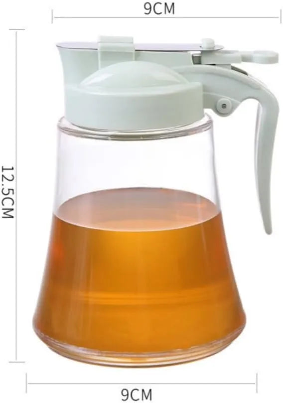 Glass container with a white lid and handle, filled with a liquid, with dimensions indicated.