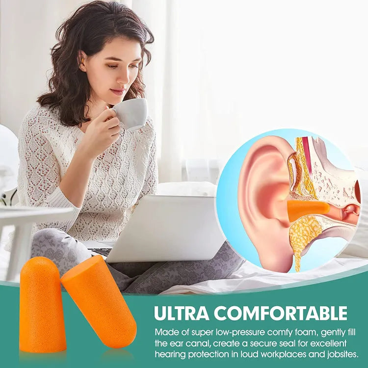 Noise reduction foam ear plugs with a comfortable fit for sleeping, studying, and loud environments.