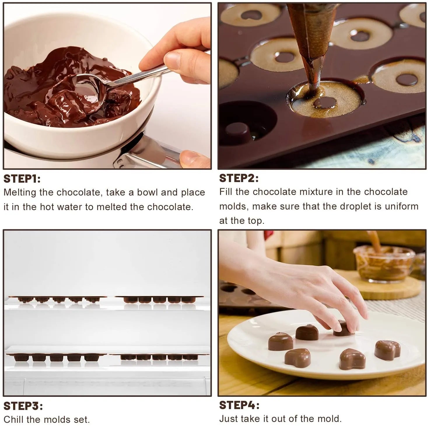 Step-by-step process of making chocolate treats with melting chocolate, filling molds, and chilling.