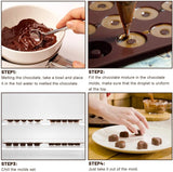 Step-by-step process of making chocolate treats with melting chocolate, filling molds, and chilling.