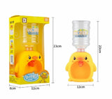 Yellow duck-shaped water bottle with packaging and dimensions on a white background