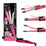 Pink and black hair styling tools with packaging on a white background