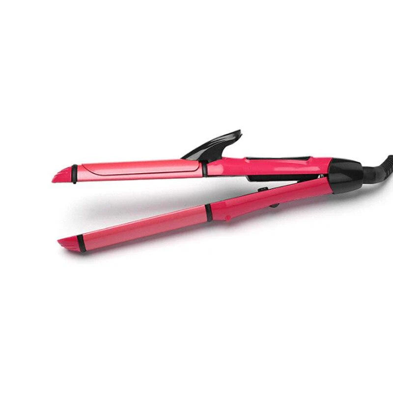 Pink hair straightener with black accents on a white background