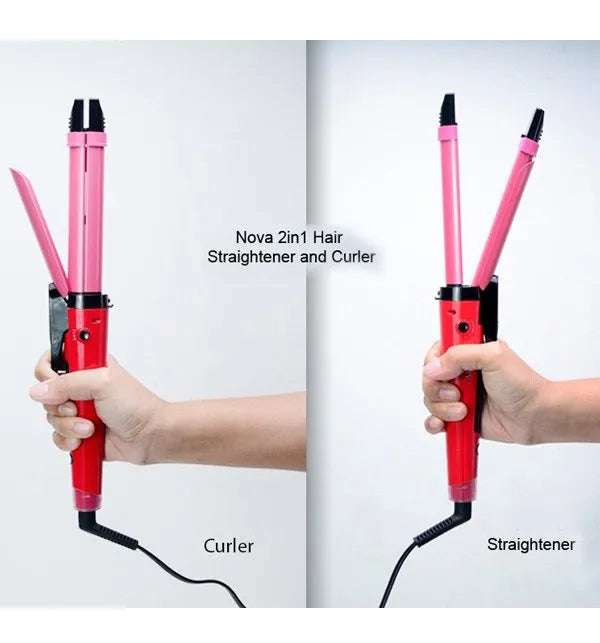 Red 2-in-1 hair straightener and curler with text indicating its dual function.