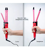 Red 2-in-1 hair straightener and curler with text indicating its dual function.