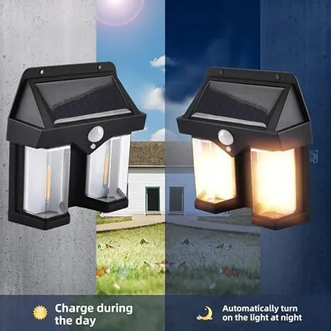 Solar-powered outdoor lights with motion sensor on a wall and ground, showing their functionality during day and night.