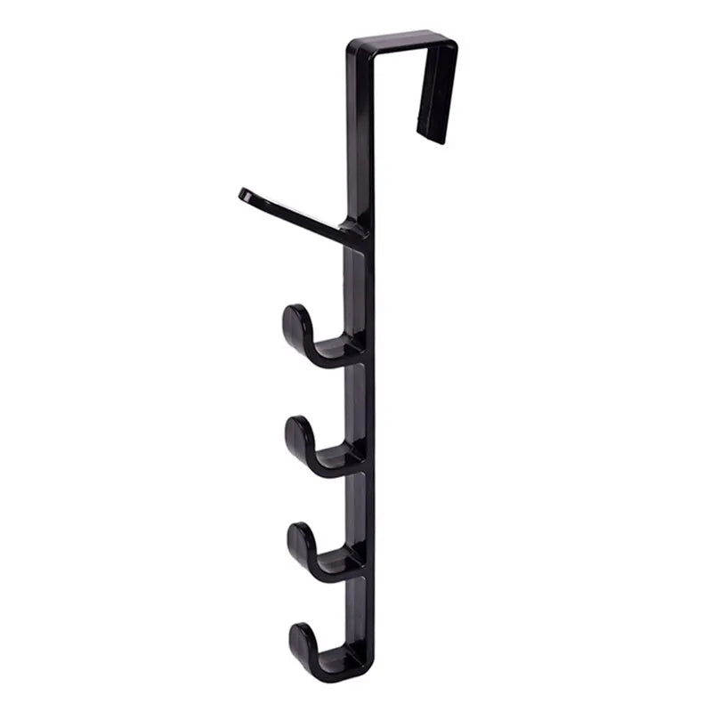 A black metal over-the-door hook rack with five hanging loops and one horizontal hook, shown against a plain white background.