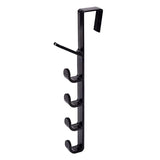 A black metal over-the-door hook rack with five hanging loops and one horizontal hook, shown against a plain white background.
