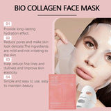 Bio collagen face mask with a woman wearing it, on a pink background with text about the product's benefits.