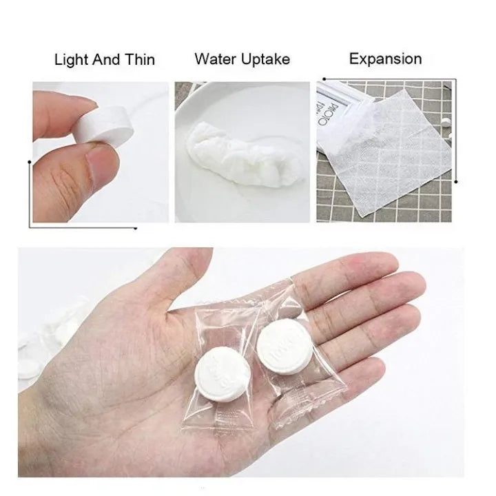 White tablets being held in a hand with text labels on lightness, water uptake, and expansion.