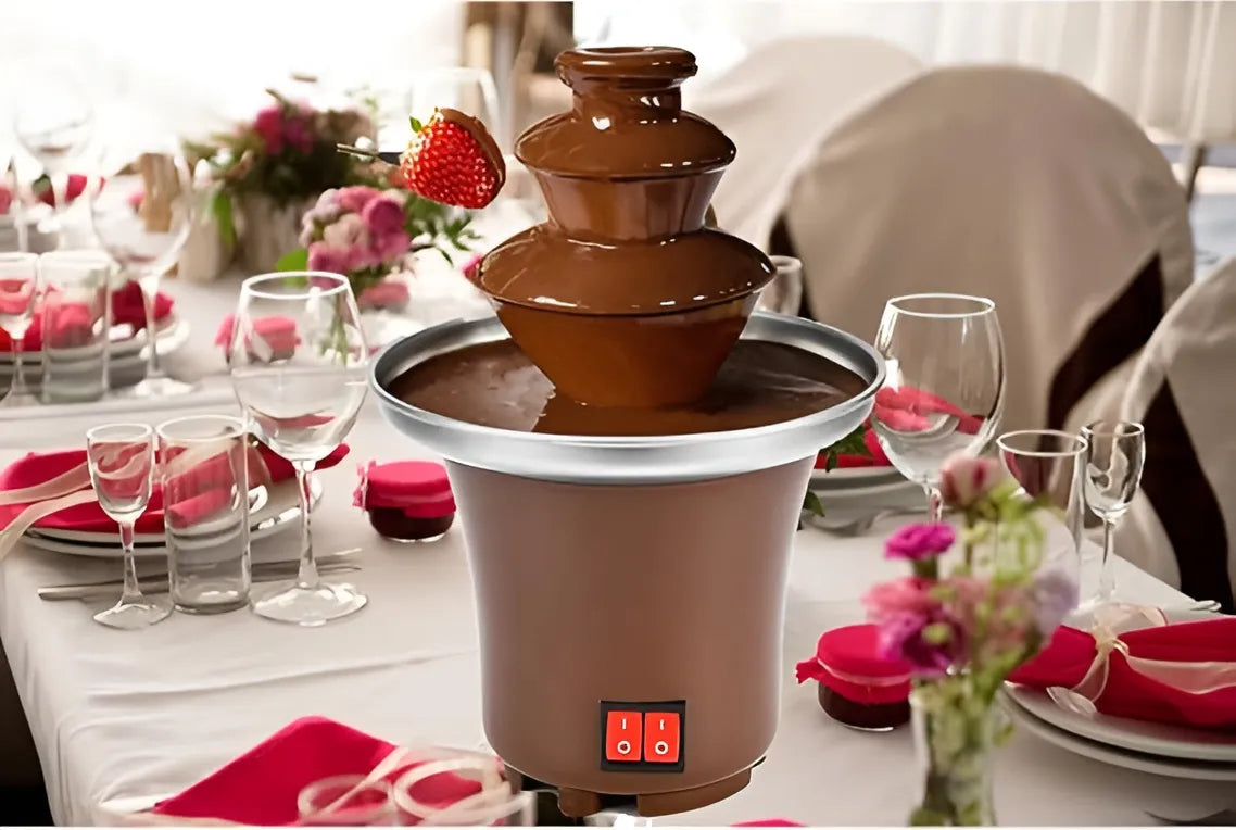Party chocolate fountain maker featuring a 3-tier design for entertaining guests with melted chocolate.