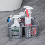 Plastic shower caddy with multiple compartments for storing shampoo, soap, and personal care items.