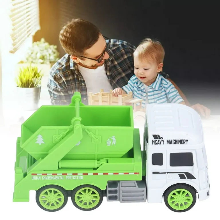 Man and child playing with toy trucks in a home setting