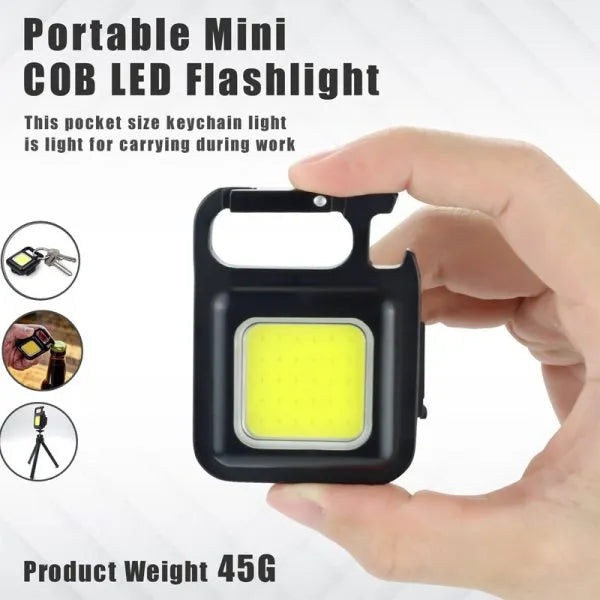 Portable Mini COB LED Flashlight held in a hand with product details on a white background