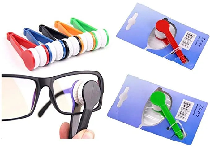 Eyeglass cleaning tools with colorful handles on a white background